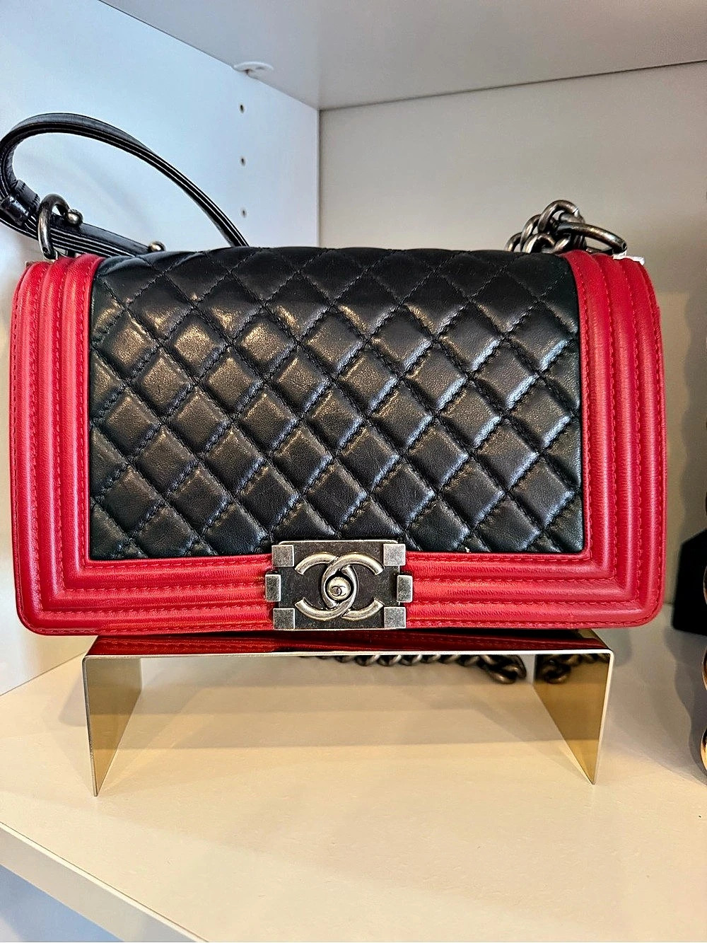 Chanel Boy Flap Bag Quilted Lambskin Medium in Black & Red
